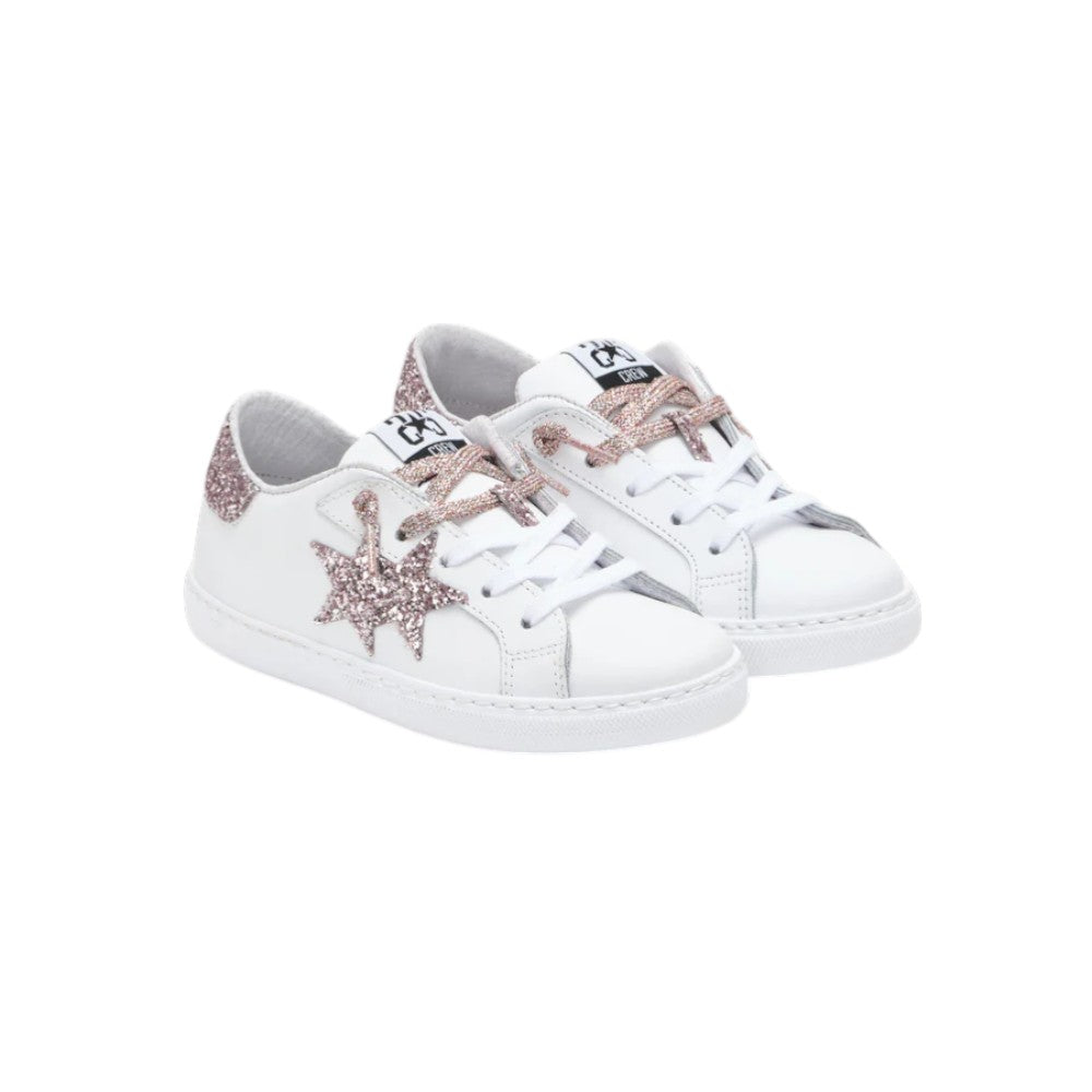 2Star Sneaker in Pelle Bianca con Stella Glitter Rosa Cipria e Lacci Lurex