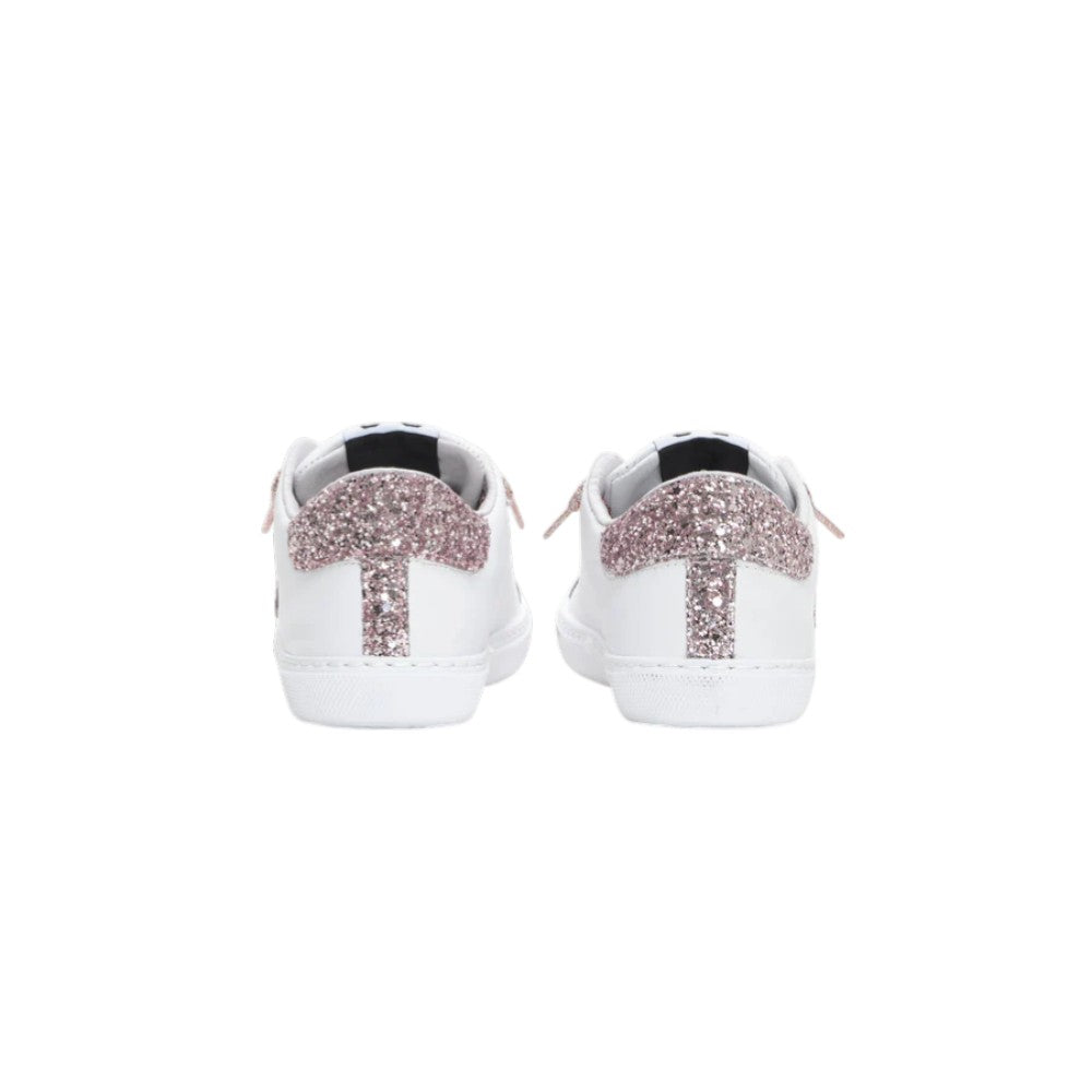 2Star Sneaker in Pelle Bianca con Stella Glitter Rosa Cipria e Lacci Lurex
