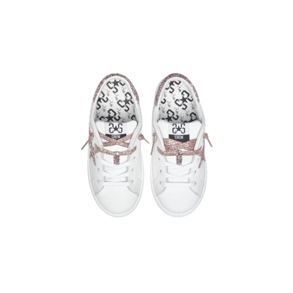 2Star Sneaker in Pelle Bianca con Stella Glitter Rosa Cipria e Lacci Lurex