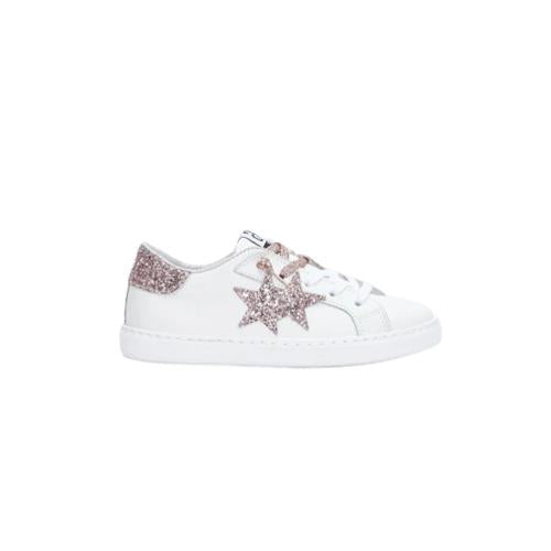 2Star Sneaker in Pelle Bianca con Stella Glitter Rosa Cipria e Lacci Lurex