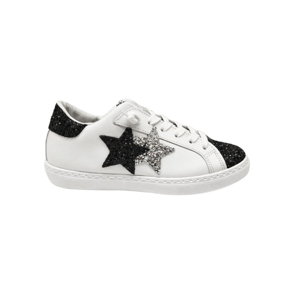 2Star Sneaker Bambina Bianca con Doppia Stella Glitter Nero e Argento