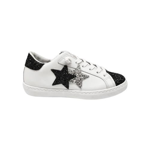 2Star Sneaker Bambina Bianca con Doppia Stella Glitter Nero e Argento