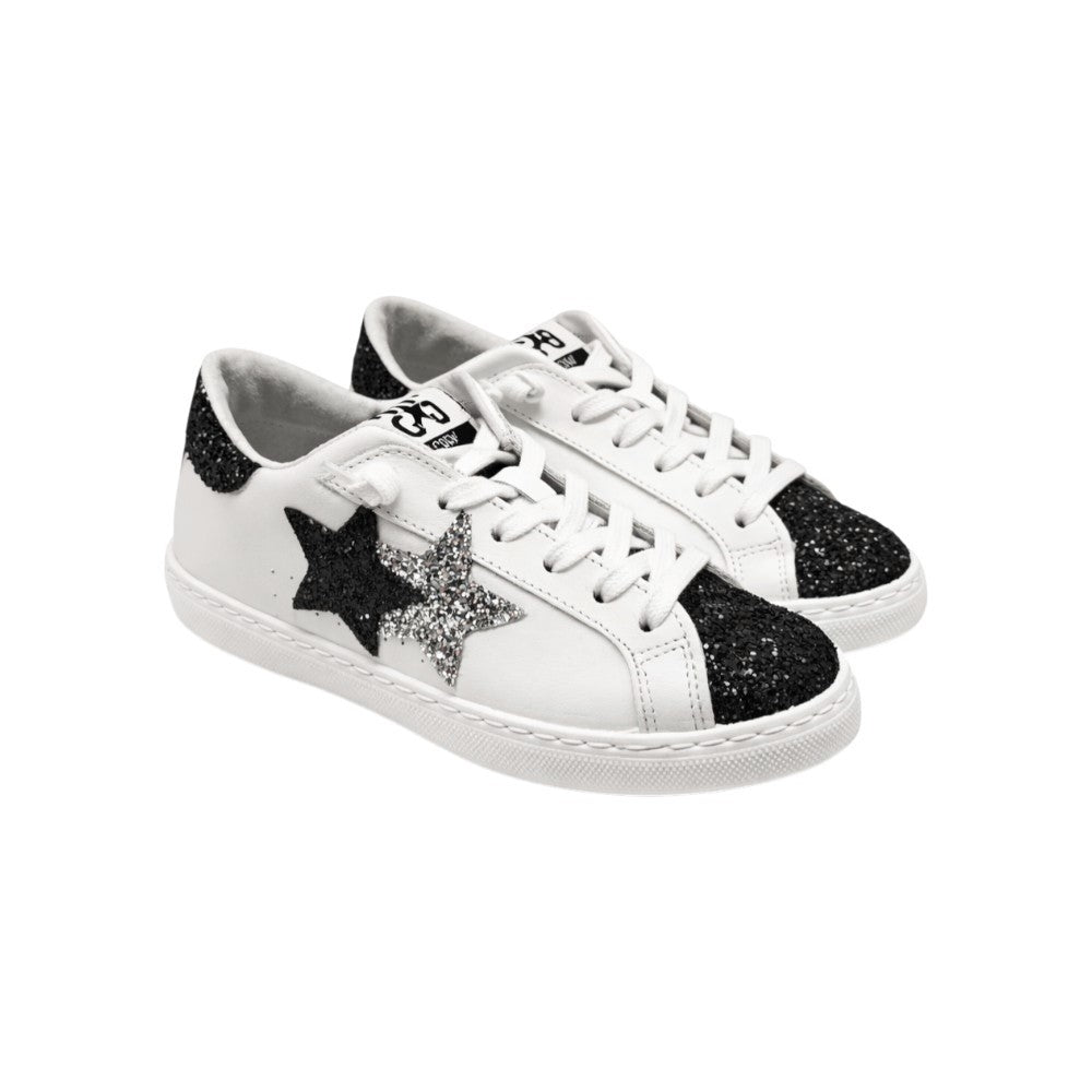 2Star Sneaker Bambina Bianca con Doppia Stella Glitter Nero e Argento