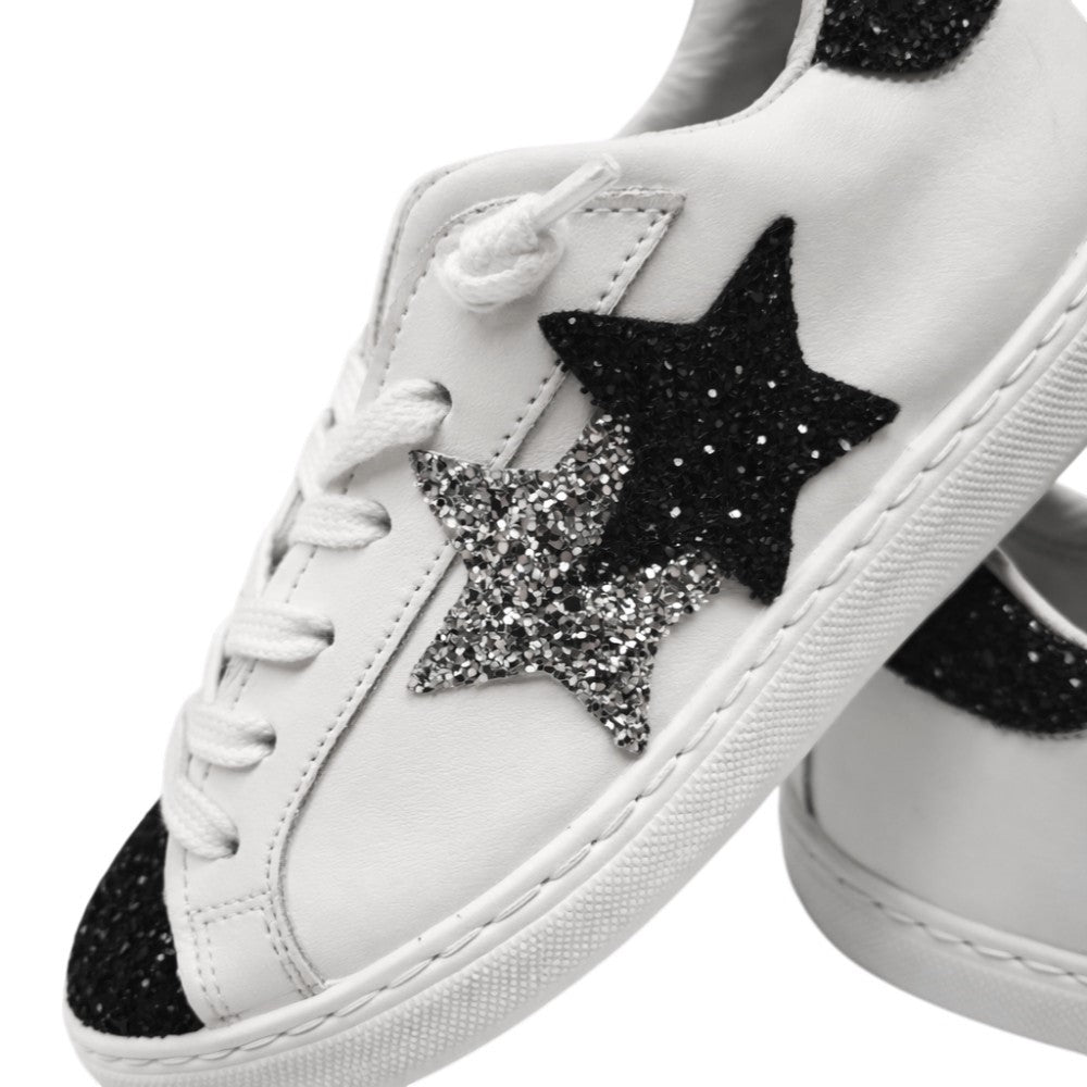 2Star Sneaker Bambina Bianca con Doppia Stella Glitter Nero e Argento