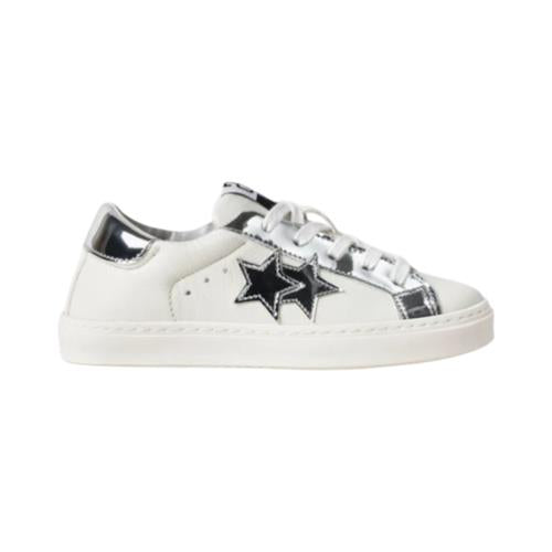 2Star Sneaker in Pelle Bianca 2sb3411_C con Doppia Stella Argento Specchiato e Inserti Laminati