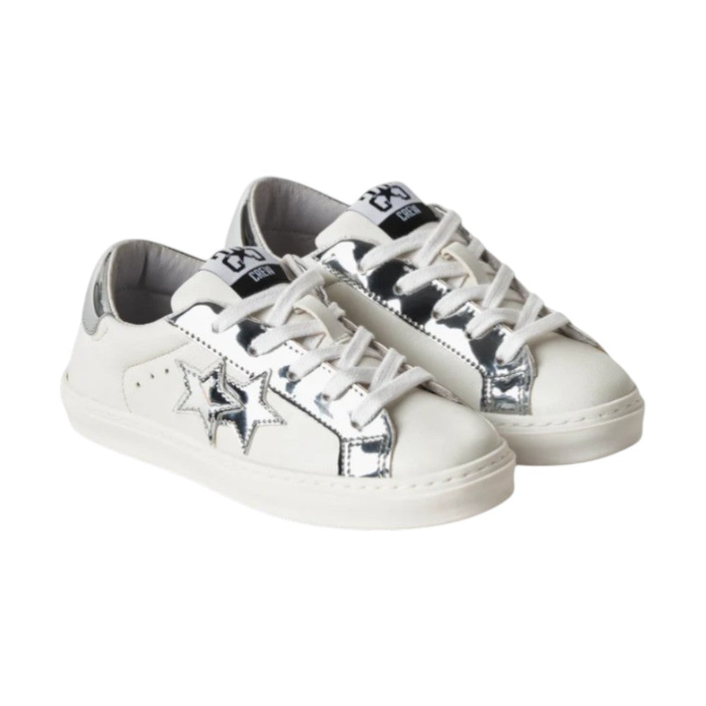 2Star Sneaker in Pelle Bianca 2sb3411_C con Doppia Stella Argento Specchiato e Inserti Laminati