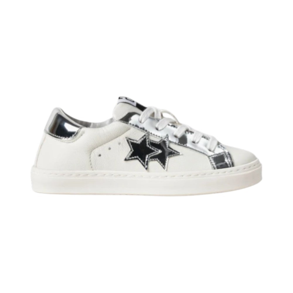 2Star Sneaker in Pelle Bianca 2sb3411_C con Doppia Stella Argento Specchiato e Inserti Laminati