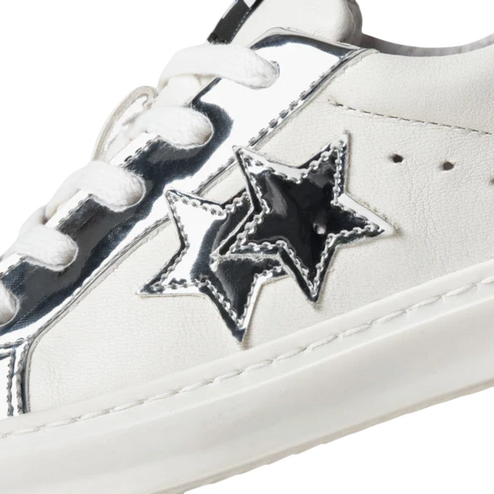 2Star Sneaker in Pelle Bianca 2sb3411_C con Doppia Stella Argento Specchiato e Inserti Laminati