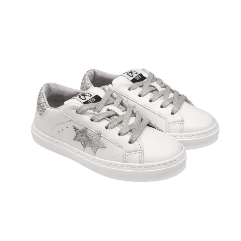 2Star Sneaker in Pelle Bianca 2SB3413_D con Stella Glitter Argento e Lacci Grigio Chiaro Lurex