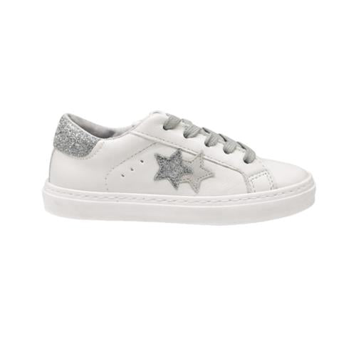 2Star Sneaker in Pelle Bianca 2SB3413_D con Stella Glitter Argento e Lacci Grigio Chiaro Lurex
