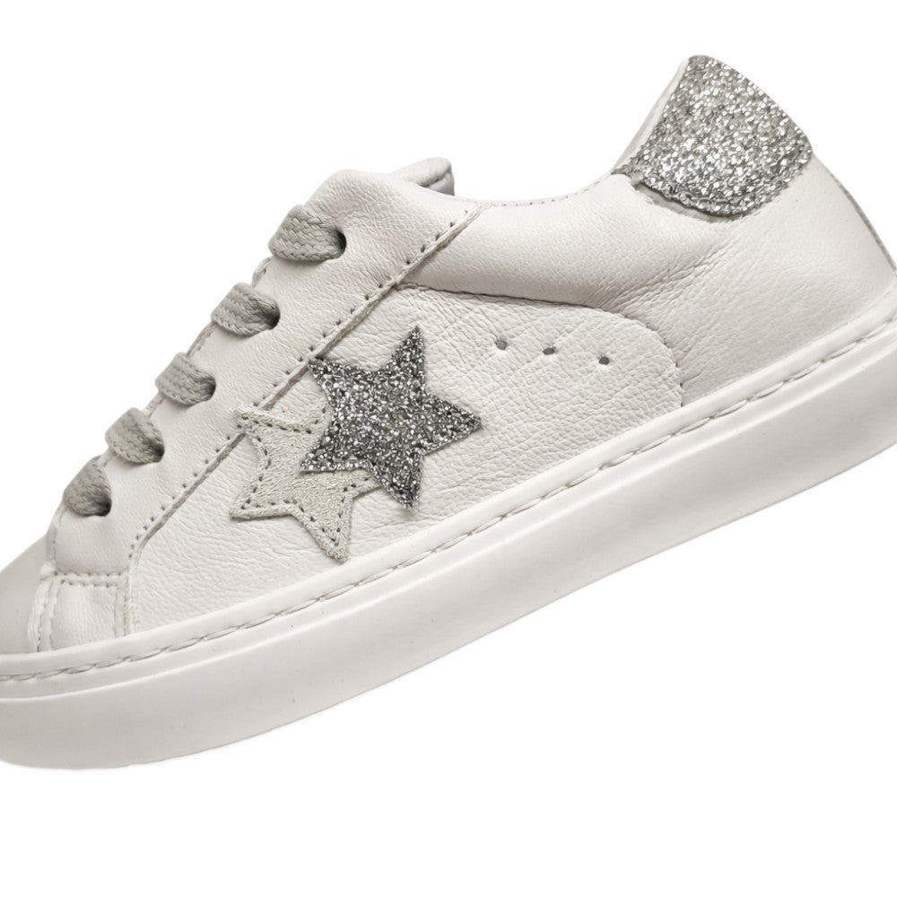 2Star Sneaker in Pelle Bianca 2SB3413_D con Stella Glitter Argento e Lacci Grigio Chiaro Lurex