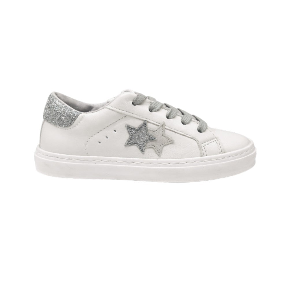 2Star Sneaker in Pelle Bianca 2SB3413_D con Stella Glitter Argento e Lacci Grigio Chiaro Lurex
