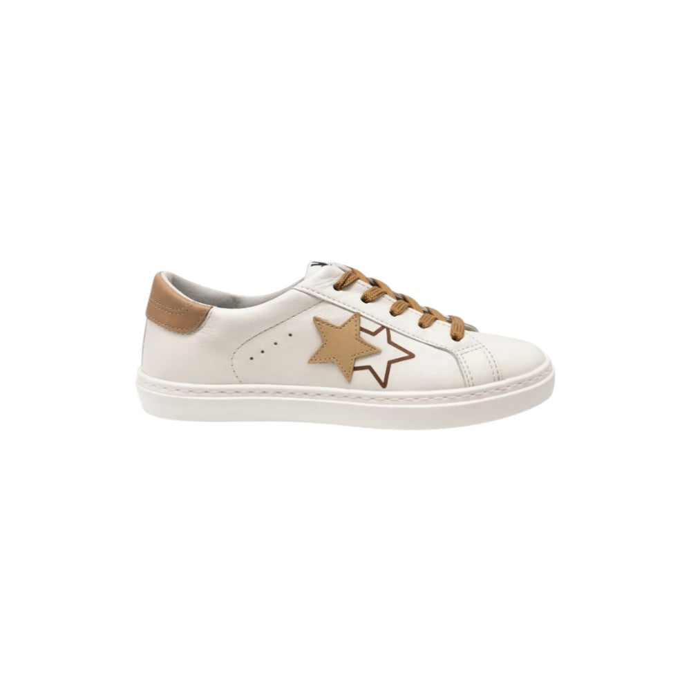 2Star Sneaker Bambina Bianca 2sb3443_C con Doppia Stella Beige e Lacci Camel