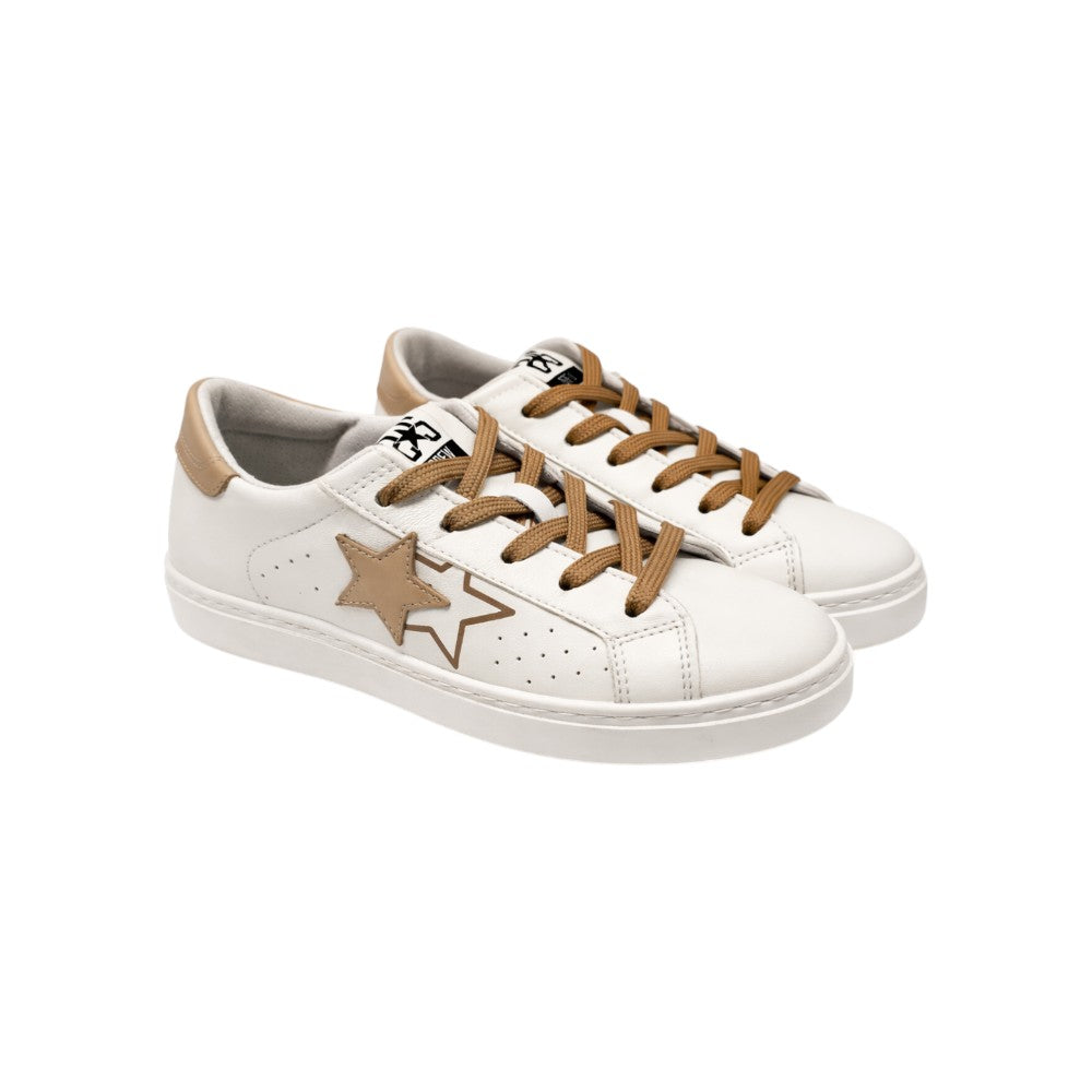 2Star Sneaker Bambina Bianca con Doppia Stella Beige e Lacci Camel