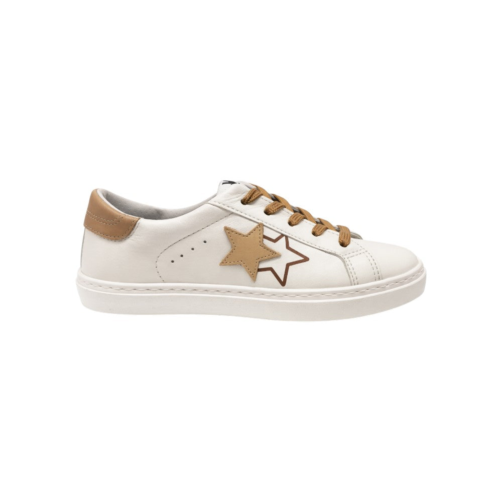 2Star Sneaker Bambina Bianca con Doppia Stella Beige e Lacci Camel