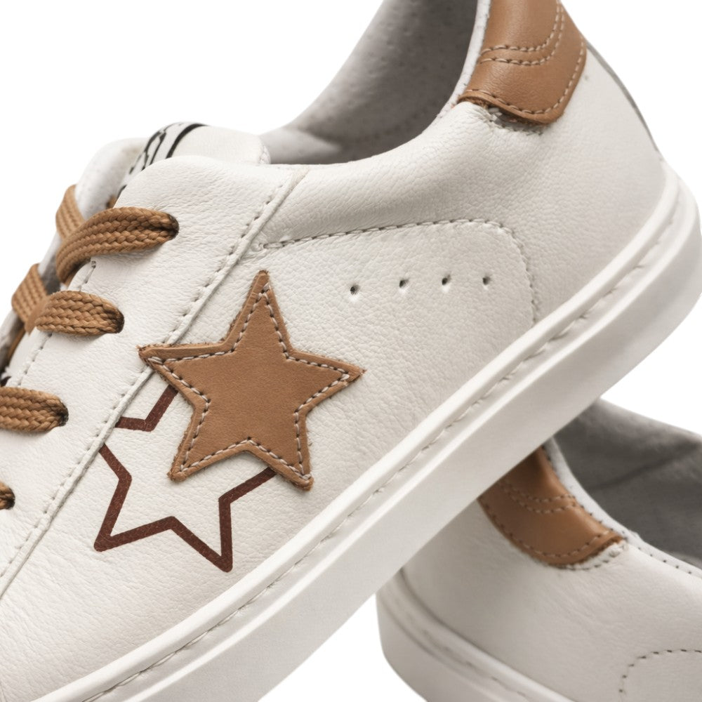 2Star Sneaker Bambina Bianca con Doppia Stella Beige e Lacci Camel