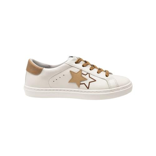 2Star Sneaker Bambina Bianca con Doppia Stella Beige e Lacci Camel