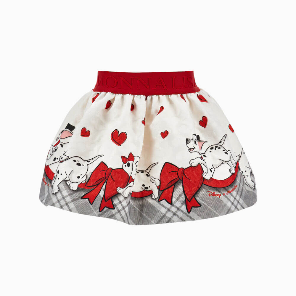 Monnalisa Gonna bambina panna con cuccioli dalmata, cuori e fiocchi rossi  – 31H703 0143