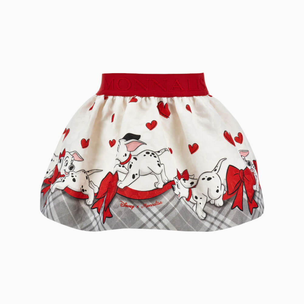 Monnalisa Gonna bambina panna con cuccioli dalmata, cuori e fiocchi rossi  – 31H703 0143