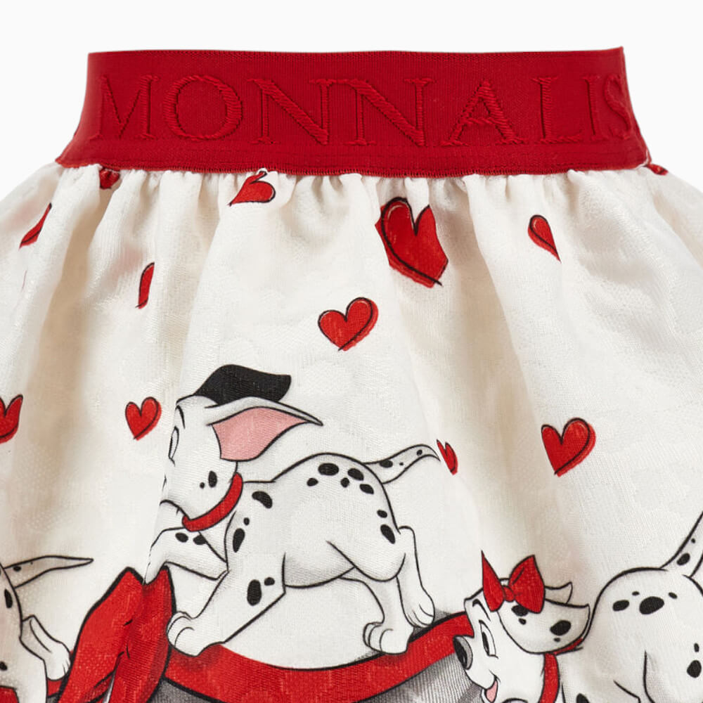 Monnalisa Gonna bambina panna con cuccioli dalmata, cuori e fiocchi rossi  – 31H703 0143