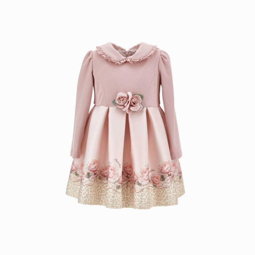 Monnalisa Abito bambina rosa con rose applicate e gonna floreale – 31H9030080