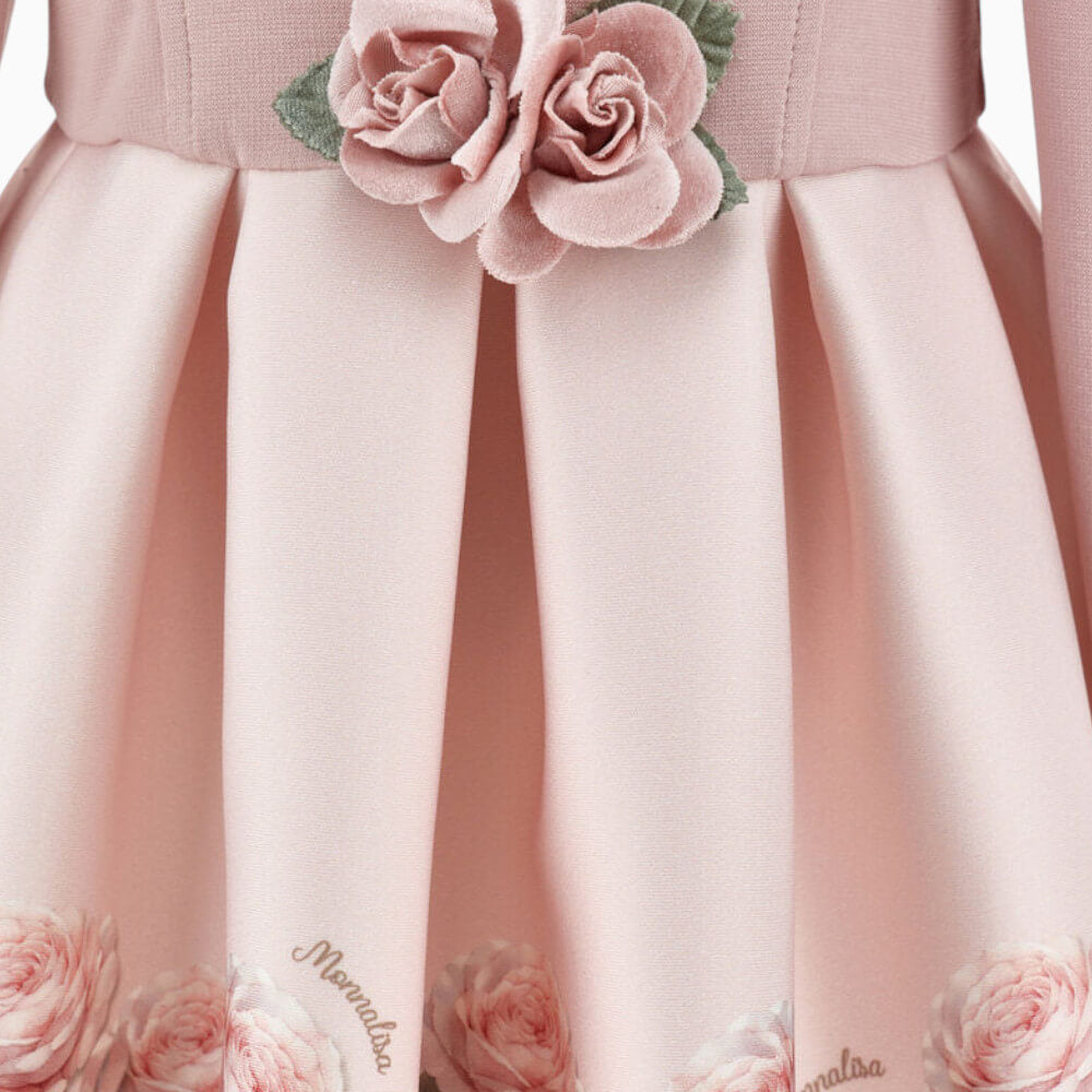 Monnalisa Abito bambina rosa con rose applicate e gonna floreale – 31H9030080
