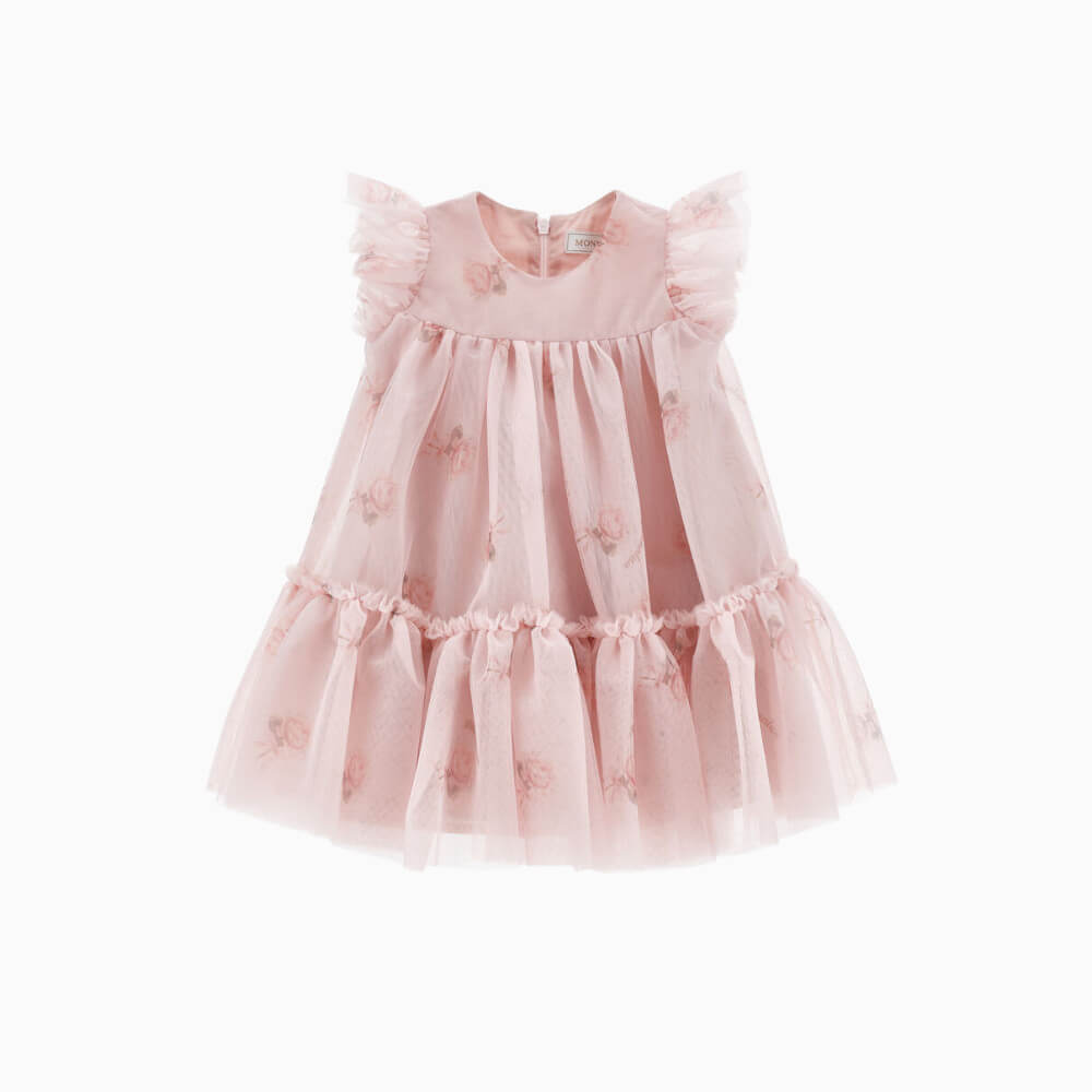 Monnalisa abito bambina rosa in tulle stampato con roselline e volant – 31H910094F