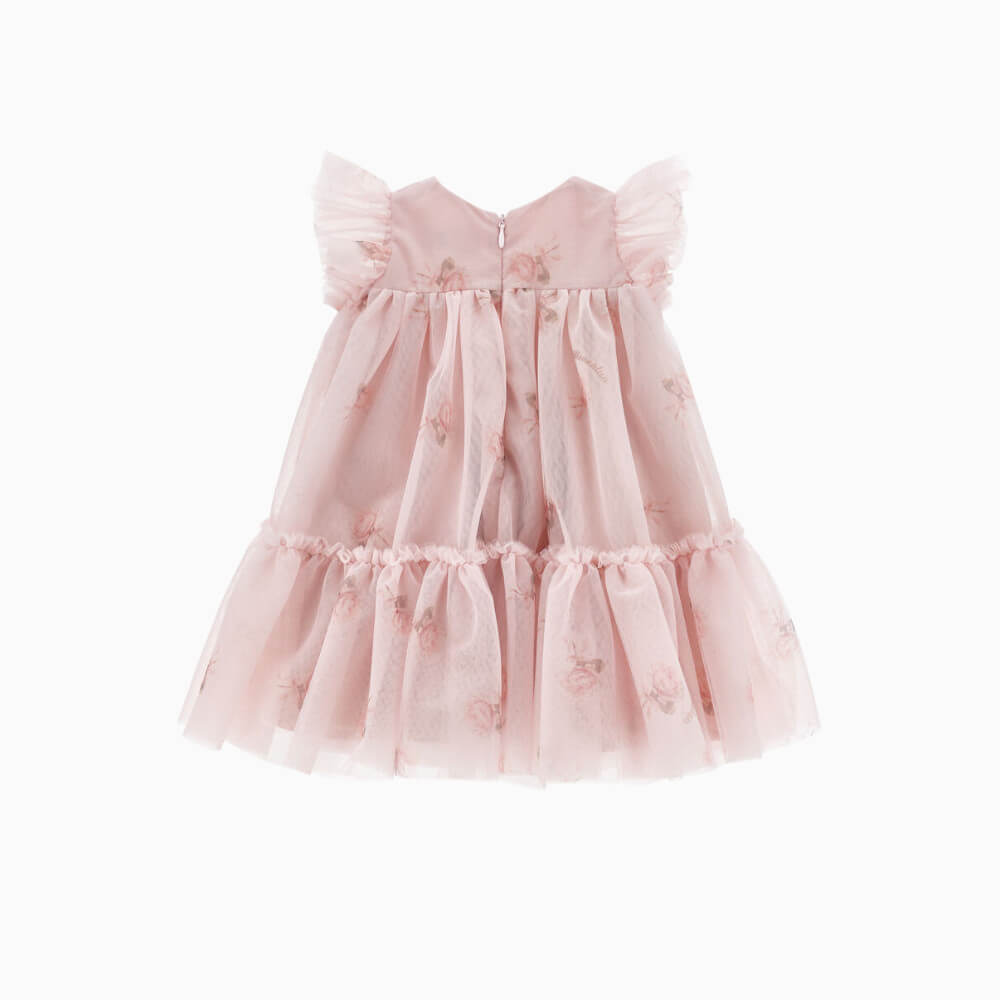 Monnalisa abito bambina rosa in tulle stampato con roselline e volant – 31H910094F