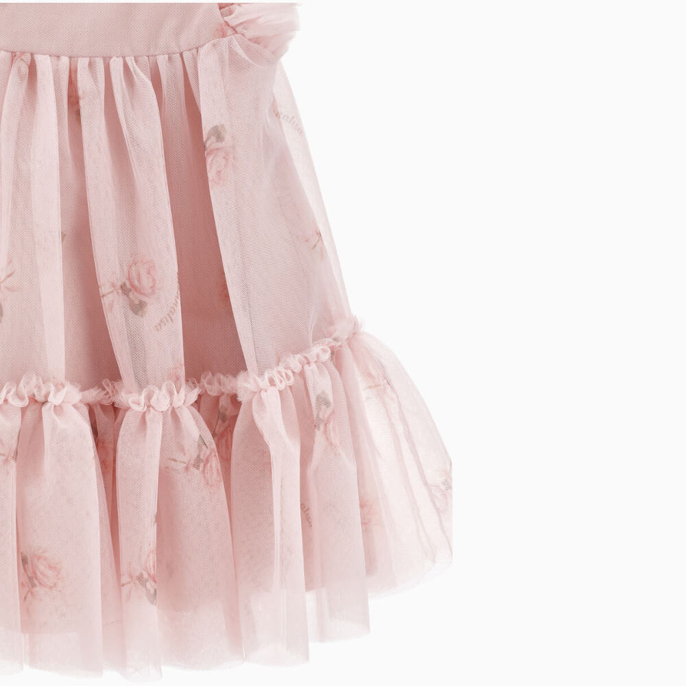 Monnalisa abito bambina rosa in tulle stampato con roselline e volant – 31H910094F
