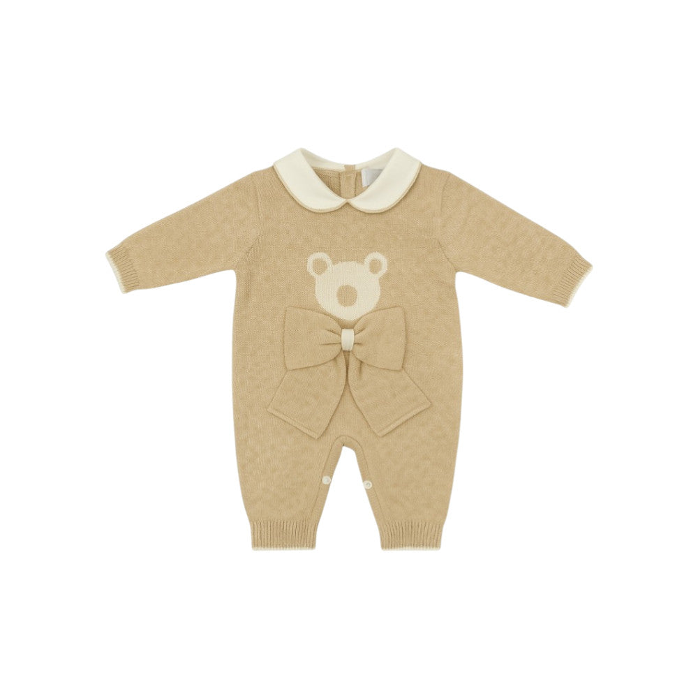 Tutina Neonato Elegante Beige con Orsetto e Fiocco in Filo di Cotone | Aurora