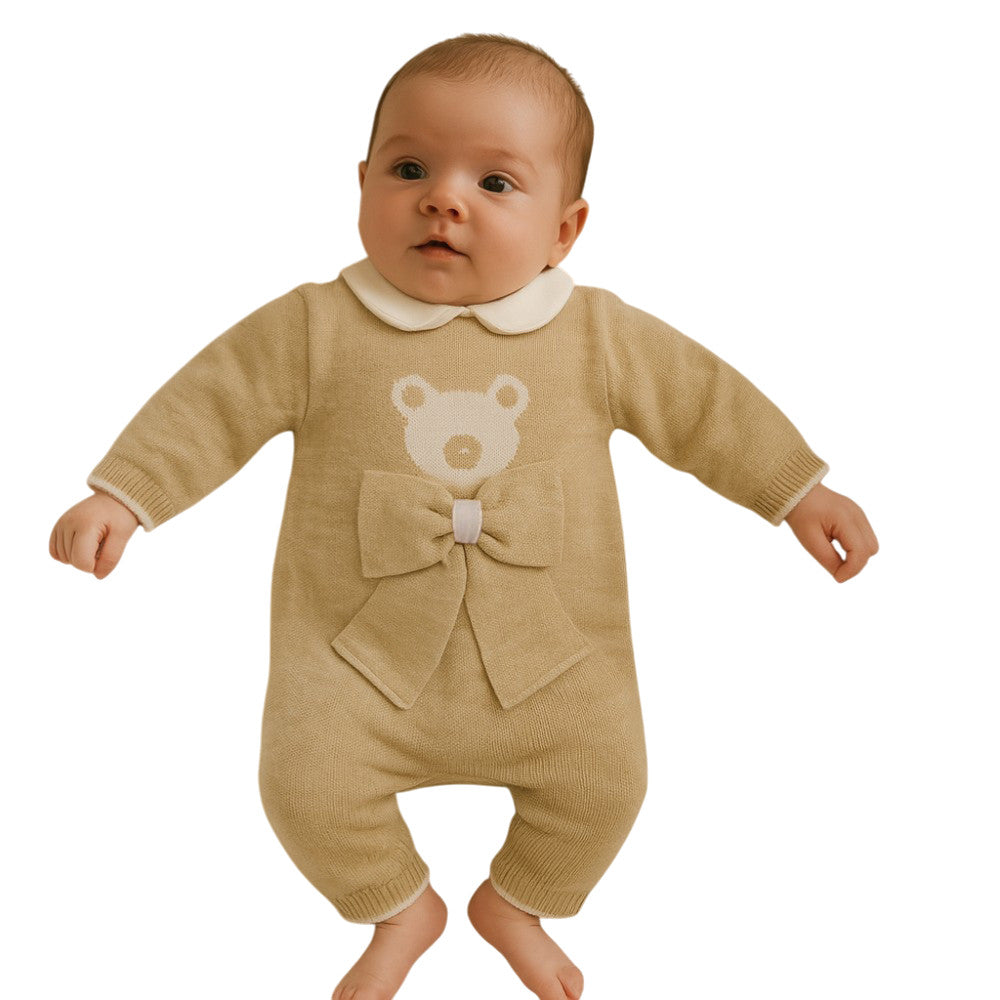 Tutina Neonato Elegante Beige con Orsetto e Fiocco in Filo di Cotone | Aurora