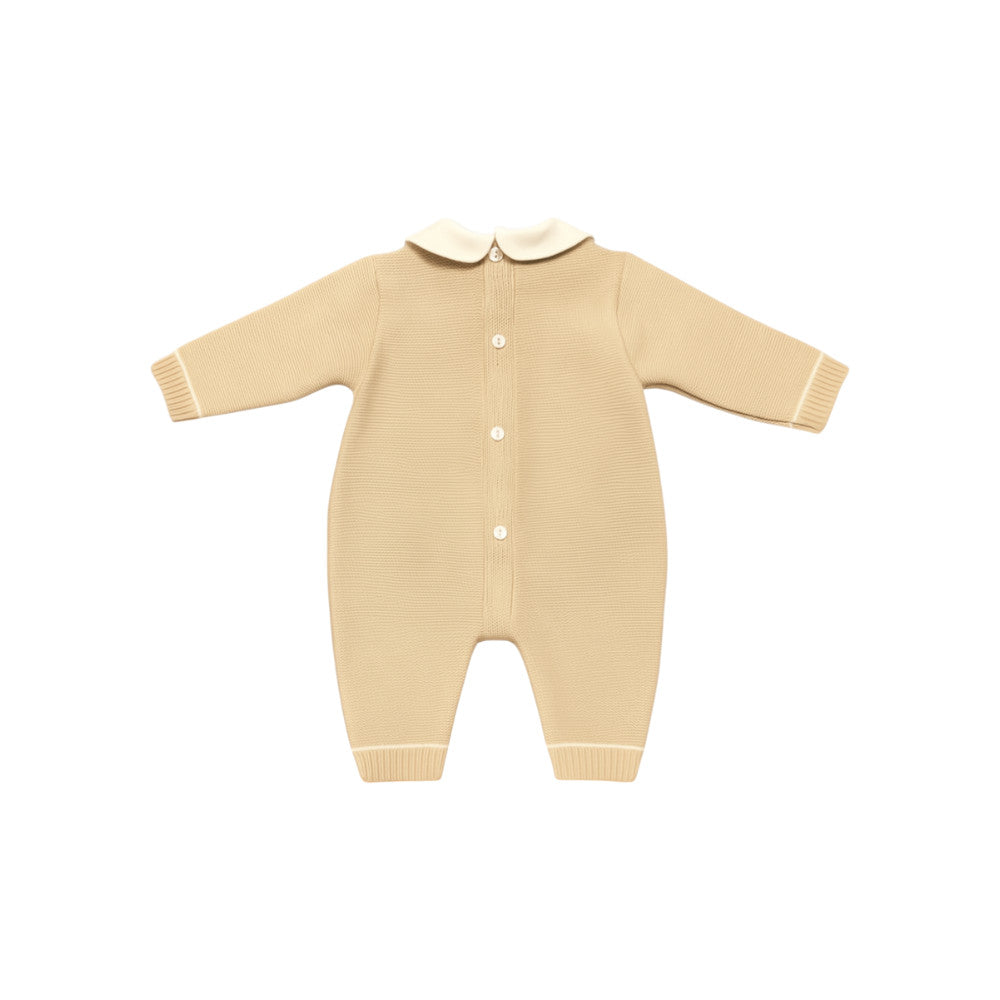 Tutina Neonato Elegante Beige con Orsetto e Fiocco in Filo di Cotone | Aurora