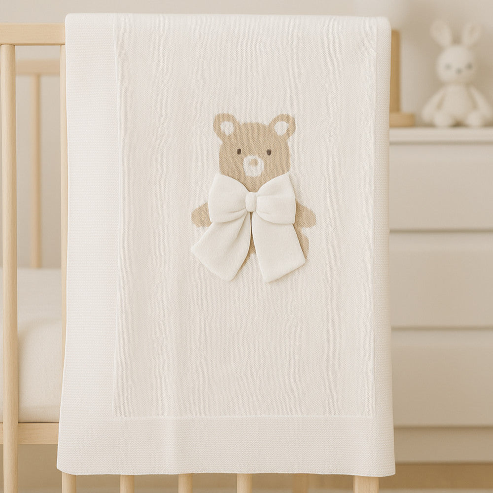 Copertina Neonato con Orsetto in Filo di Cotone Beige | Aurora