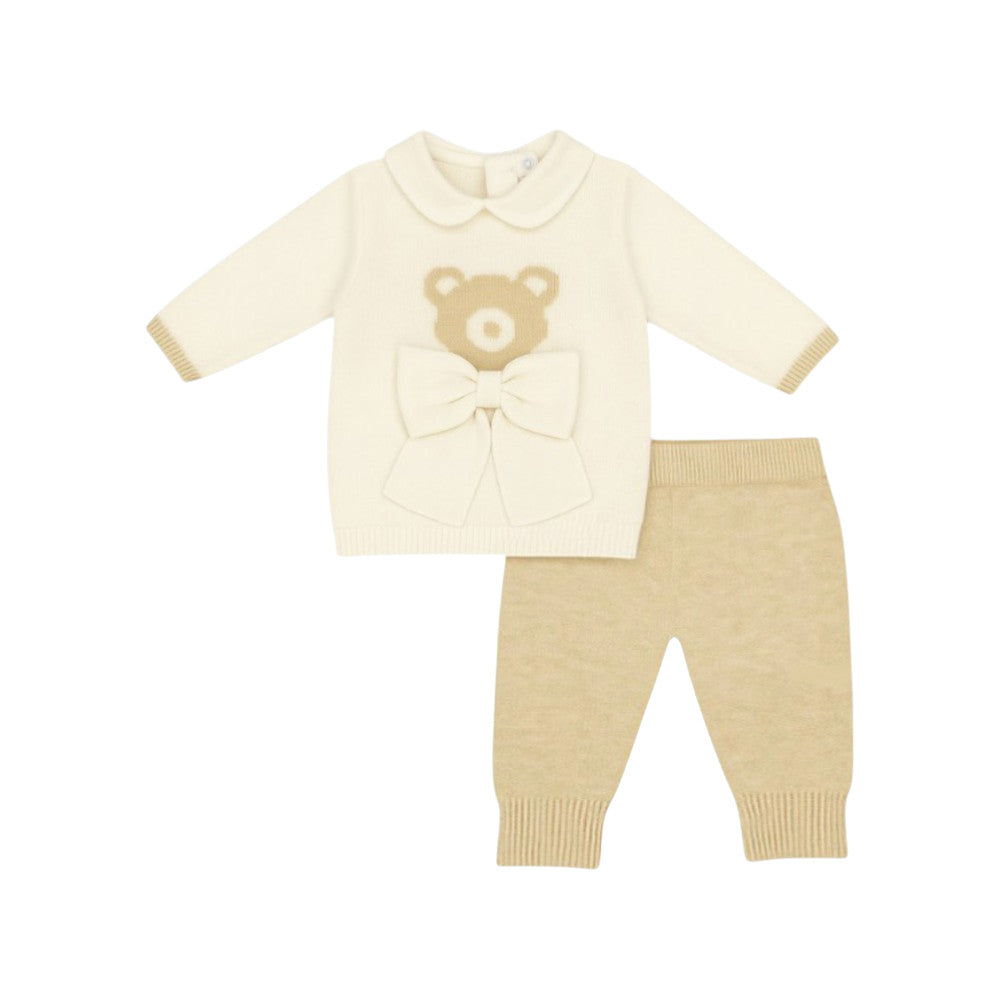 Coprifasce Neonato con Orsetto e Fiocco in Filo di Cotone Bianco-Beige | Aurora