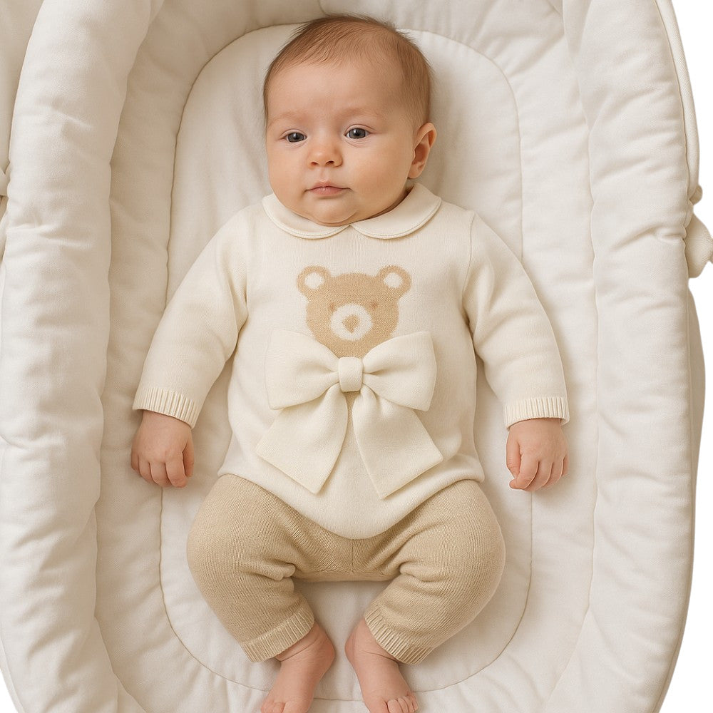 Coprifasce Neonato con Orsetto e Fiocco in Filo di Cotone Bianco-Beige | Aurora