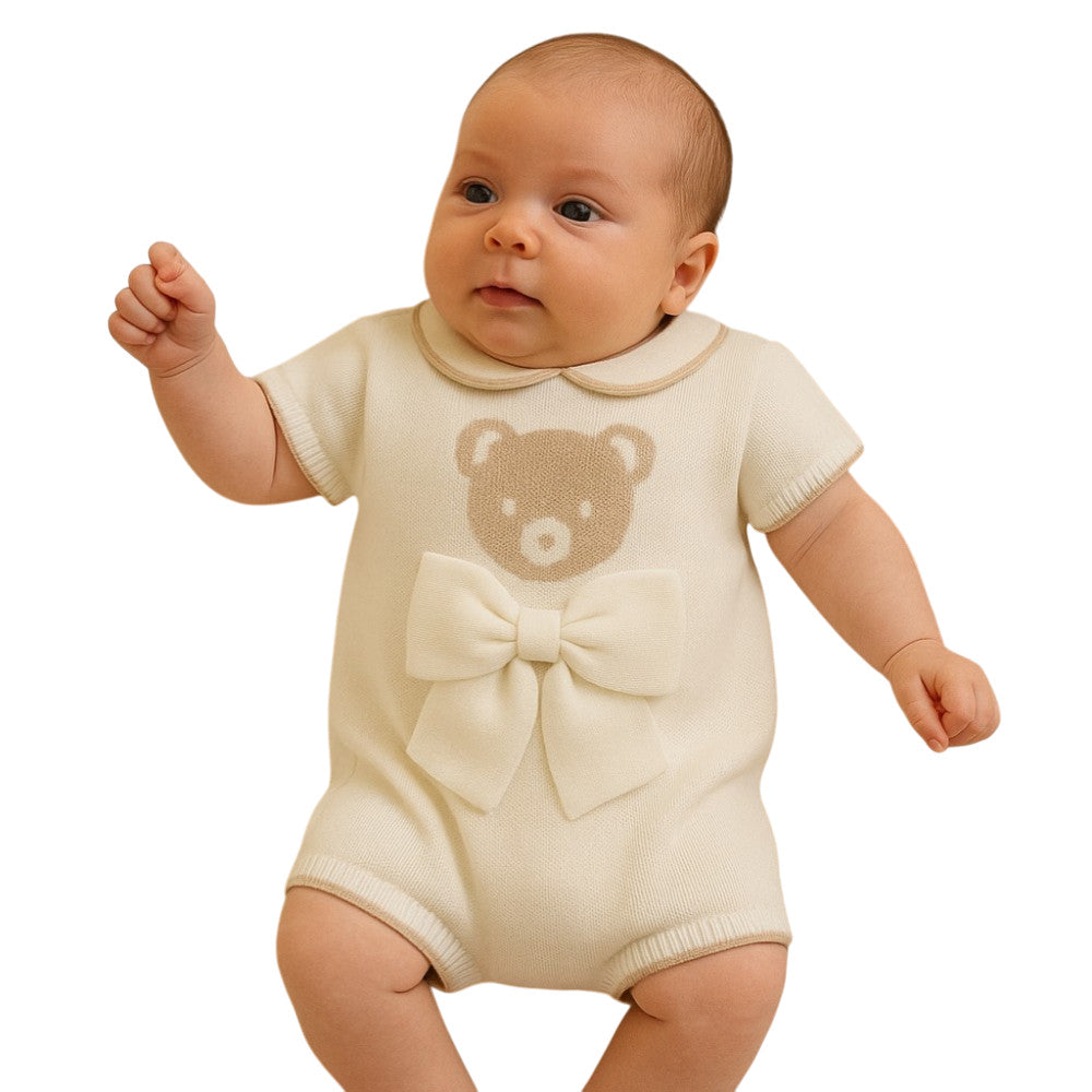 Pagliaccetto Neonato Elegante Bianco-Beige con Orsetto e Fiocco in Cotone Aurora - 4402.5