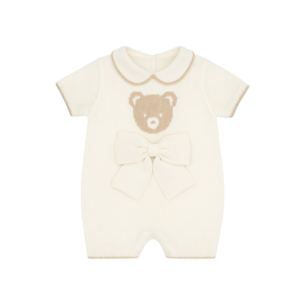 Pagliaccetto Neonato Elegante Bianco-Beige con Orsetto e Fiocco in Cotone Aurora - 4402.5