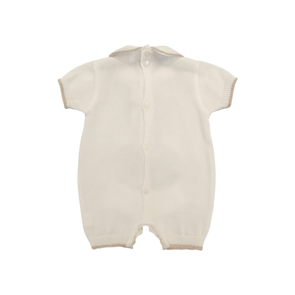 Pagliaccetto Neonato Elegante Bianco-Beige con Orsetto e Fiocco in Cotone Aurora - 4402.5