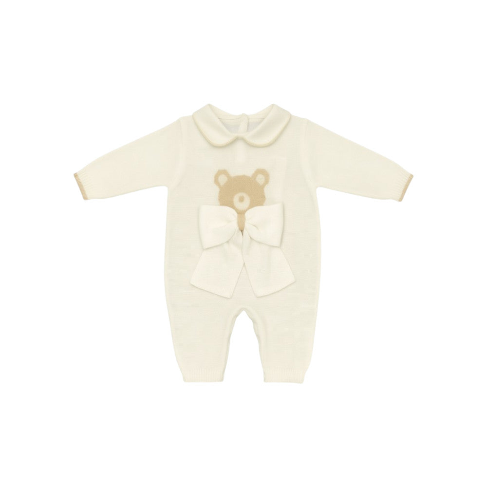 Tutina Neonato Elegante Beige con Orsetto e Fiocco in Filo di Cotone | Aurora