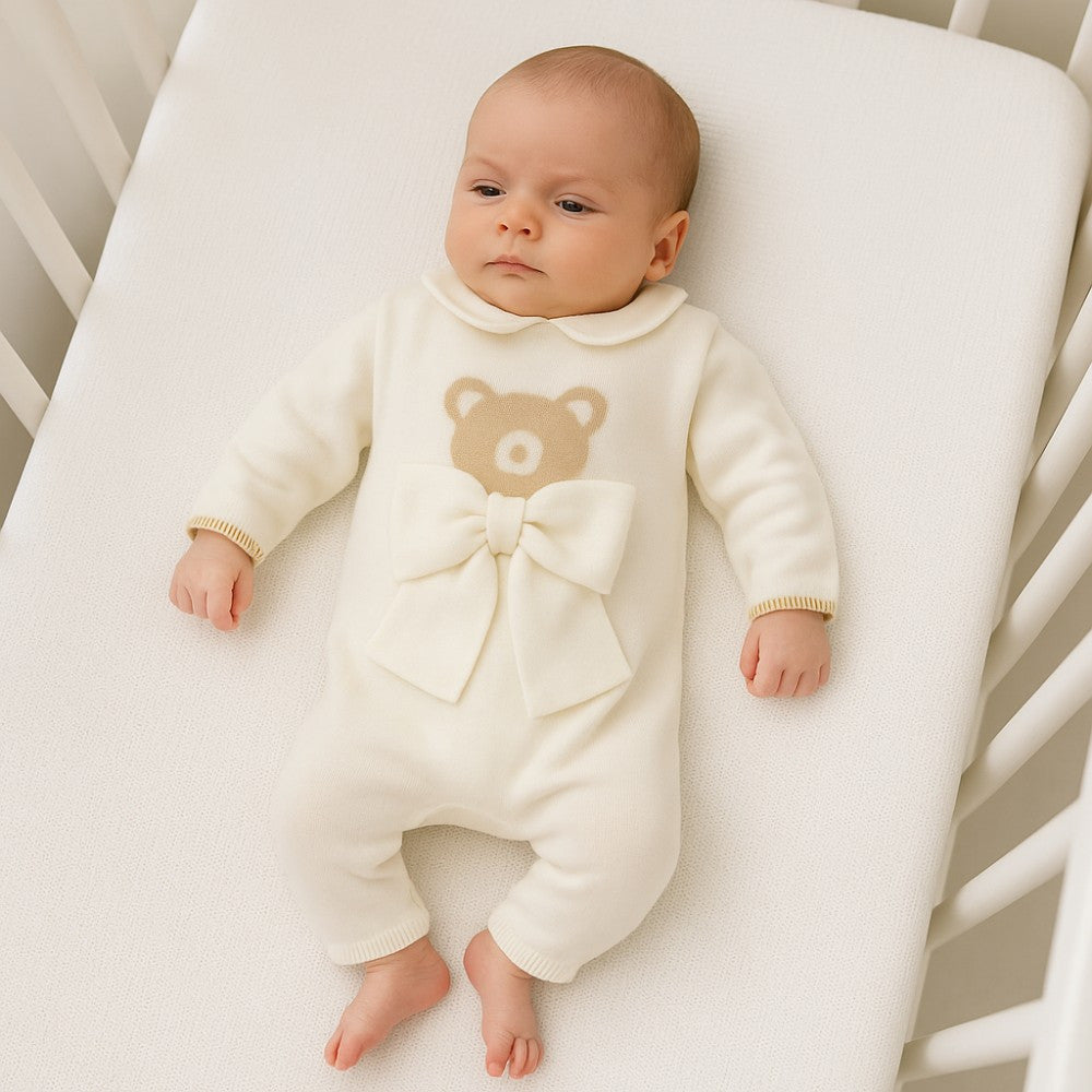 Tutina Neonato Elegante Beige con Orsetto e Fiocco in Filo di Cotone | Aurora