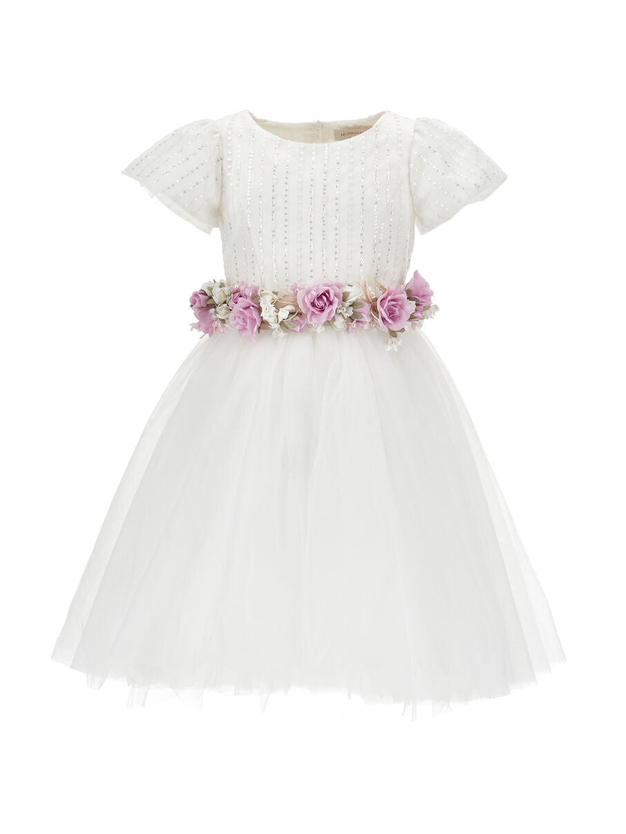 Abito Monnalisa Bambina Bianco in Tulle con Pailettes – 79G9141