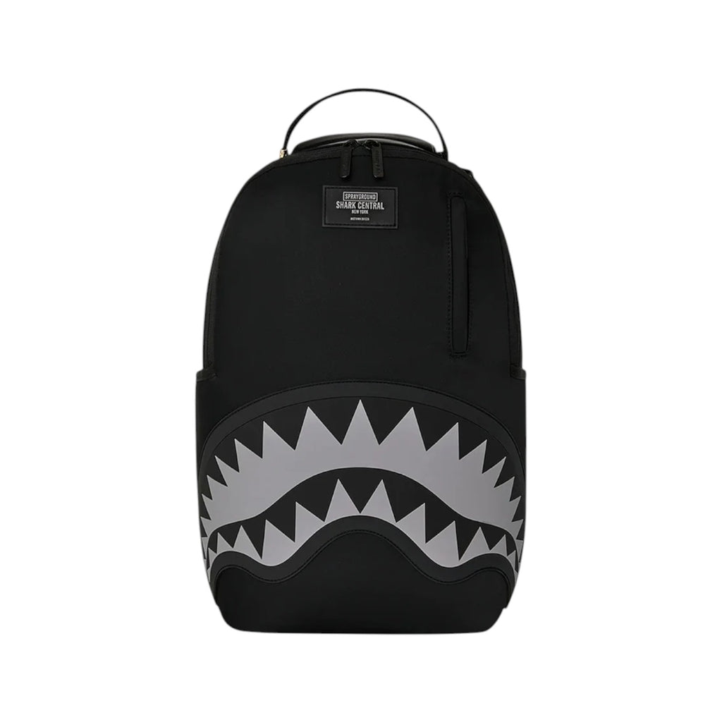 Zaino Sprayground Shark Central nero in nylon con Shark Mouth grigio embossed
