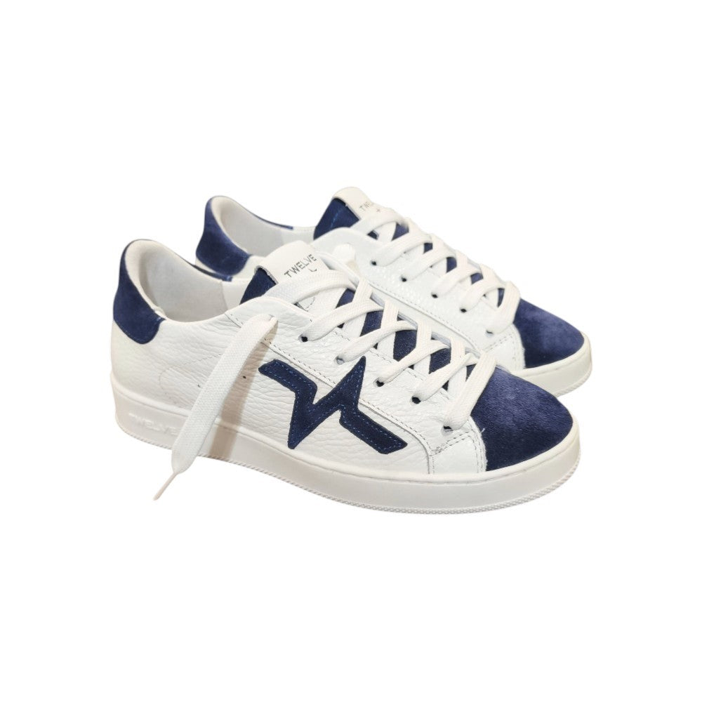 Twelve Sneakers in Pelle Bianca Martellata con Dettagli Blu Suede