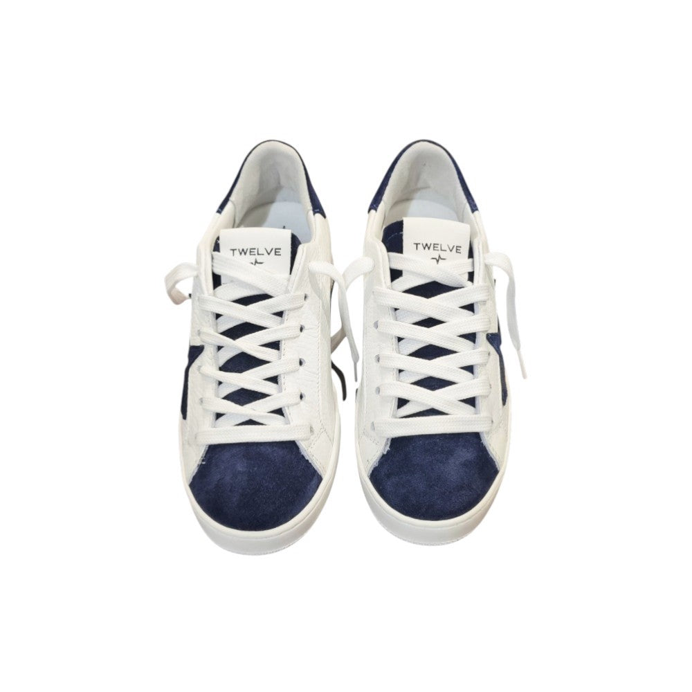 Twelve Sneakers in Pelle Bianca Martellata con Dettagli Blu Suede