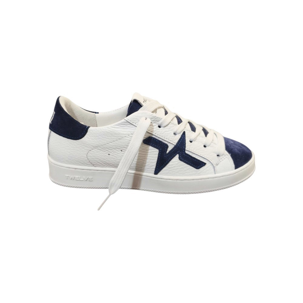 Twelve Sneakers in Pelle Bianca Martellata con Dettagli Blu Suede