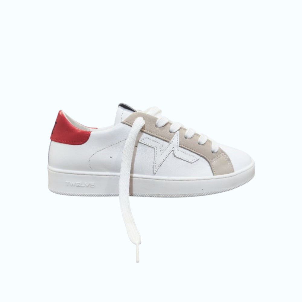 Twelve Sneakers in Pelle Bianca con Banda Beige e Dettaglio Rosso a Contrasto