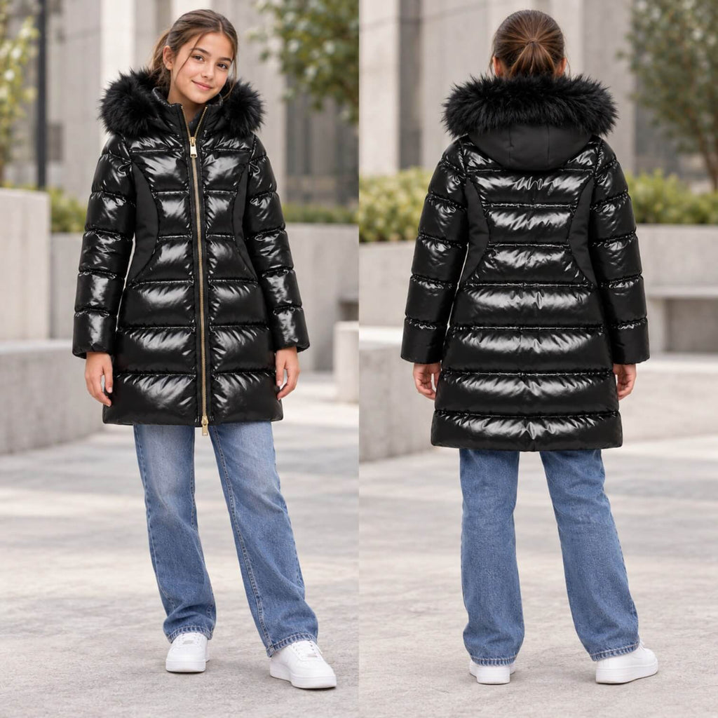 Giubbino Yes Zee Ragazza Nero Lungo con Cappuccio e Pelliccia Removibile EJO015-0801