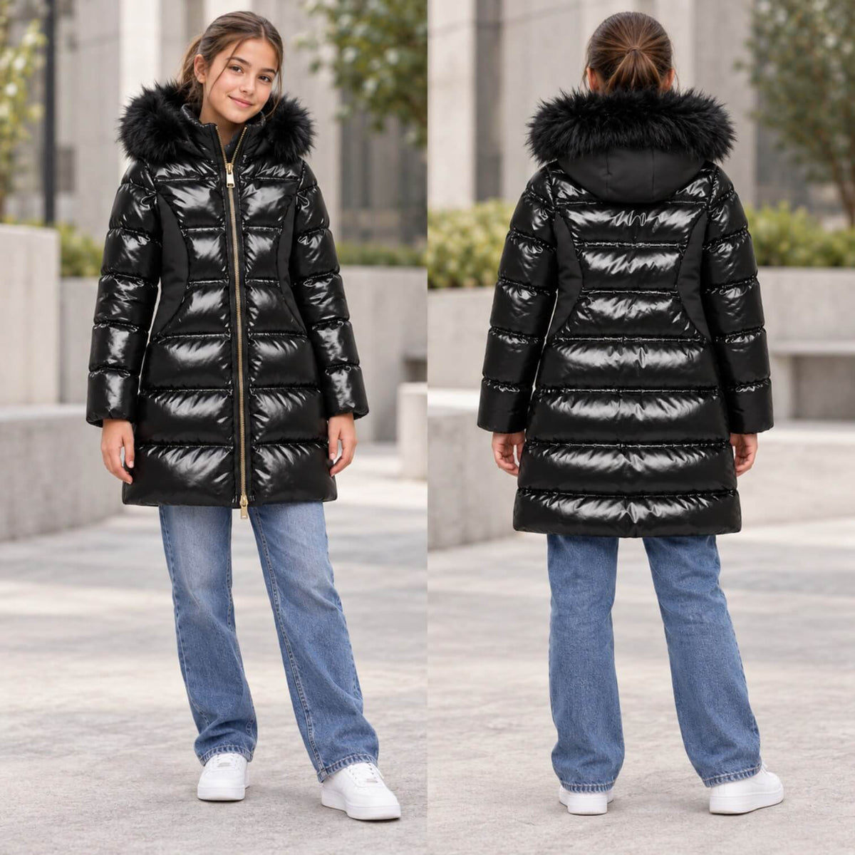 Giubbino Yes Zee Ragazza Nero Lungo con Cappuccio e Pelliccia Removibile EJO015-0801