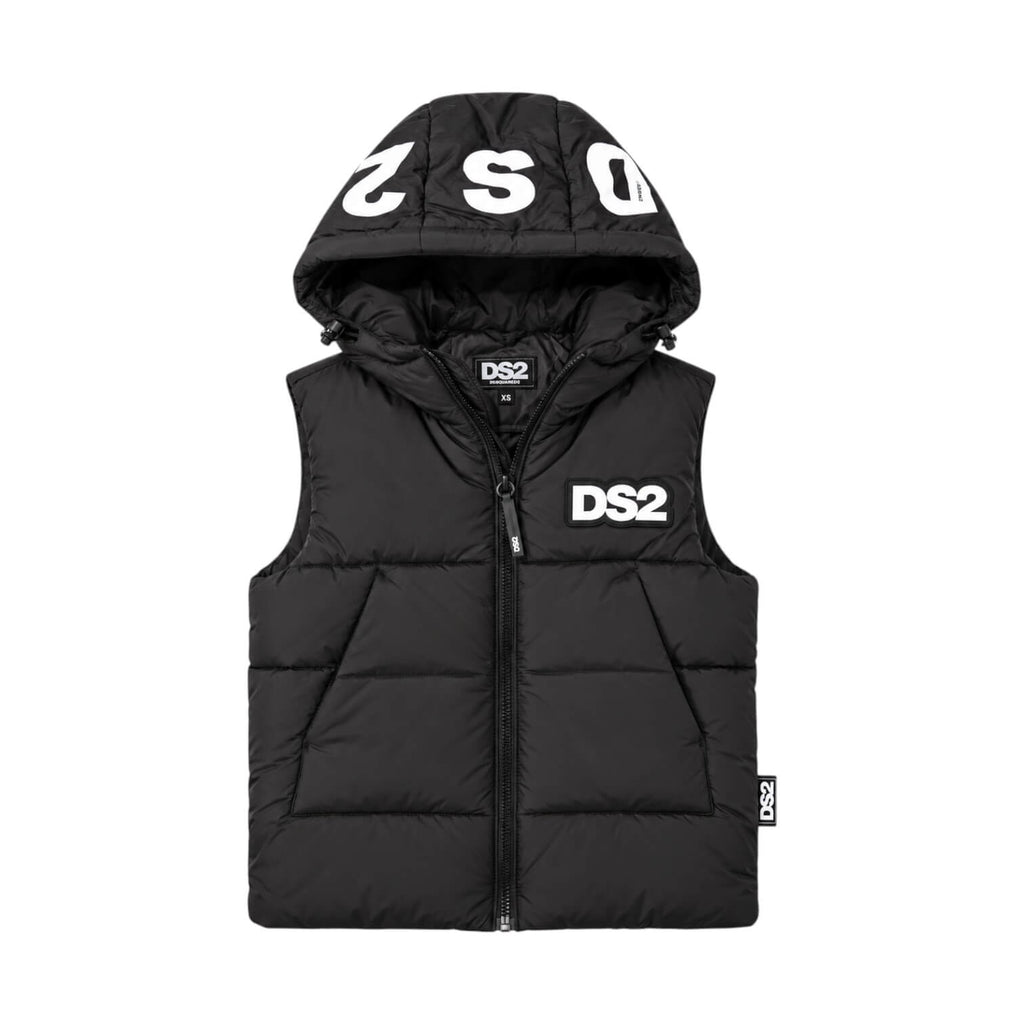 Gilet DS2 Ragazzo Nero Smanicato con Cappuccio F62K102-02