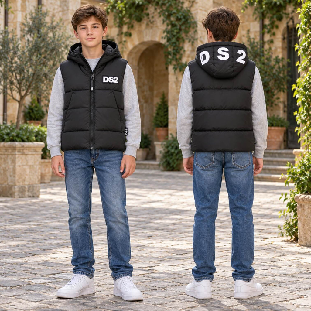 Gilet DS2 Ragazzo Nero Smanicato con Cappuccio F62K102-02